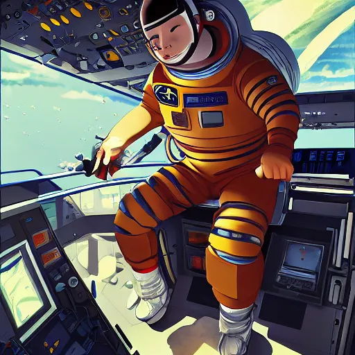 Prompt: frustrated overweight astronaut trying to swat a fly in the cockpit of his ship, anime art style, digital artwork made by ilya kuvshinov, inspired in balthus, hd, 4 k, hyper detailed