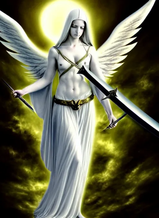 Image similar to a white angel holding a sword and a sword, digital art by artgem, Anne Stokes, deviantart, fantasy art, angelic photograph, wiccan, deviantart