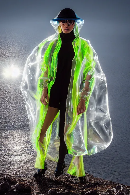 Image similar to an ultra high definition professional high fashion portrait studio full length photograph of a model wearing a transparent pearlescent raincoat and neon visor in an icelandic black rock environment at dawn. no artefacts. extremely detailed. stark. refraction. shallow depth of field. volumetric light and shadow. ray tracing. light rays.