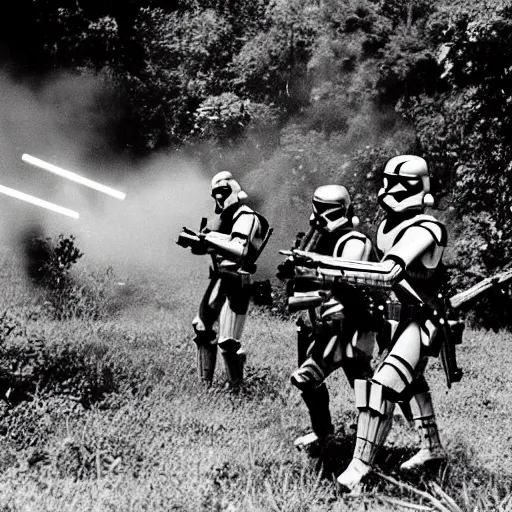 Image similar to star wars clone troopers combat soldiers in vietnam, photo, old picture, lush landscape, jungle, firearms, explosions, helicopters, aerial combat, active battle zone, flamethrower, air support, jedi, land mines, gunfire, violent, star destroyers, star wars lasers, sci - fi, jetpacks, agent orange, bomber planes, smoke, trench warfare