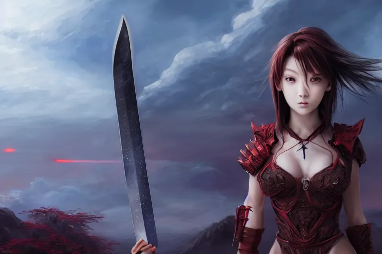 Image similar to beautiful girl holding a red eye imprinted ego sword at the top of clouds, dawn, highlight on the blade, extremely detailed and beautiful aesthetic face, seductive pose, super detailed eyes, highly detailed, digital painting, highlight scene of the movie, smooth, illustration, unreal engine 5, 8 k, art by hiroaki samura and jiro matsumoto and yusuke murata