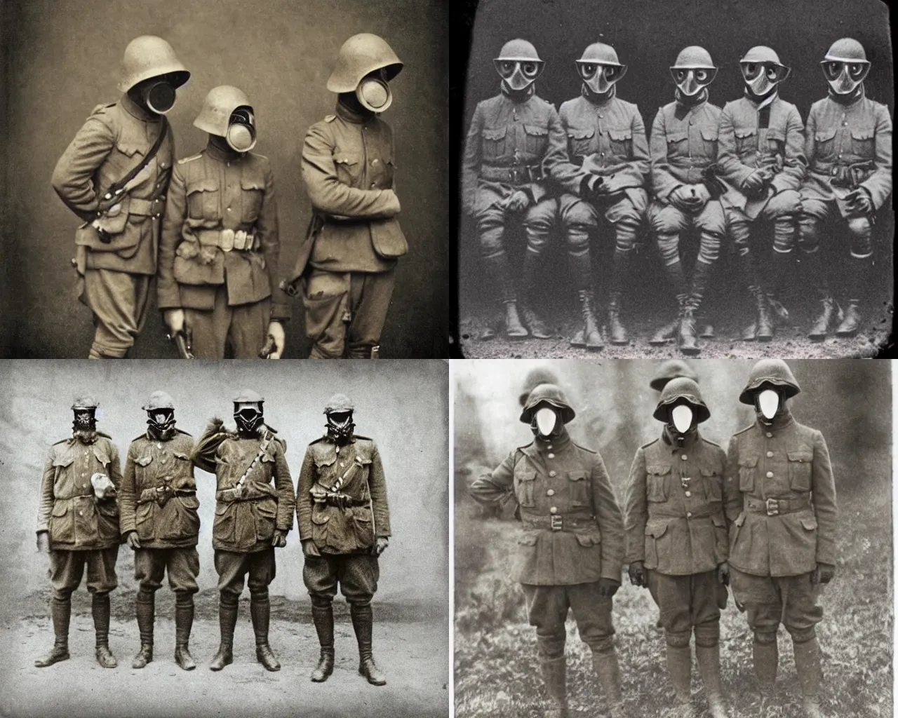 Prompt: WWI soldiers wearing WWI gas masks, sepia, faded, very very very very blurry, creepy