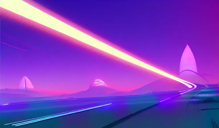 Image similar to a beautiful and immaculate futuristic fantasy. view from afar. vector rendering. outrun style. leading lines. vanishing point. trending on artstation. by chris moore. beeple colors.