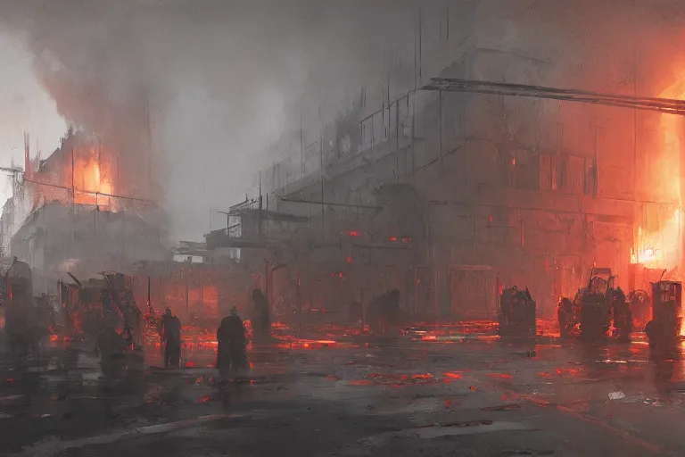 Prompt: factory interior set on fire with people trying to extinguish fire, papyrus, watercolored, jakub rozalski, dark colours, dieselpunk, artstation