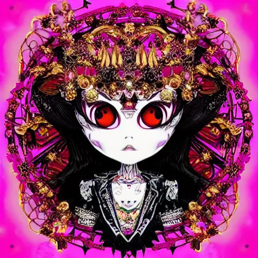 Image similar to baroque bedazzled gothic royalty frames surrounding a pixelsort emo demonic horrorcore japanese yokai doll, low quality sharpened graphics, remastered chromatic aberration spiked korean bloodmoon sigil stars draincore, gothic demon hellfire hexed witchcore aesthetic, dark vhs gothic hearts, neon glyphs spiked with red maroon glitter breakcore art by guro manga artist Shintaro Kago