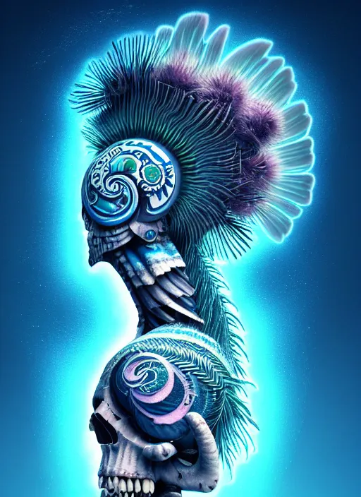 Image similar to 3 d shaman with tattoos profile portrait, sigma 5 0 0 mm f / 5. beautiful intricate highly detailed quetzalcoatl skull and feathers. bioluminescent, plasma, frost, water, wind, creature, gradient background, thunderstorm! artwork by tooth wu and wlop and beeple and greg rutkowski, 8 k trending on artstation,