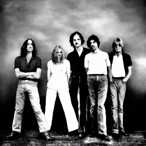 Image similar to group photo of pink floyd by annie leibovitz, b & w, hd, 4 k, detailed, award winning, nikon 5 0 mm lens