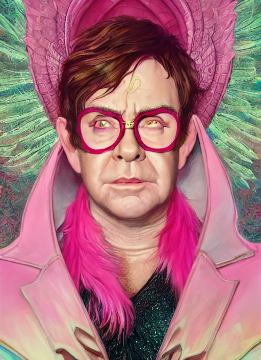 Prompt: Elton John using pink jumpsuit , headshot, painted fantasy character portrait, D&D, highly detailed, digital painting, artstation, sharp focus, art by artgerm and greg rutkowski and alphonse mucha and magali villeneuve