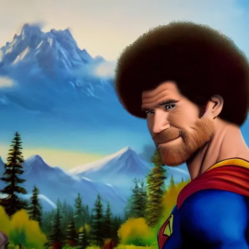 Image similar to a closeup photorealistic photograph of bob ross working on a canvas painting of superman. film still. brightly lit scene. mountains and trees. this 4 k hd image is trending on artstation, featured on behance, well - rendered, extra crisp, features intricate detail, epic composition and the style of unreal engine.