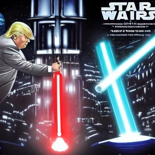 Image similar to donald trump wielding a lightsaber having a lightsaber battle with joe biden in the death star, dynamic lighting, highly detailed