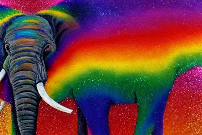 Image similar to an photorealistic picture of an elephant that farts glitter in the colors of the rainbow