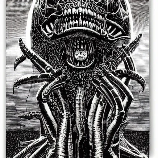 Prompt: a giant biomechanical alien monster by virgil finlay