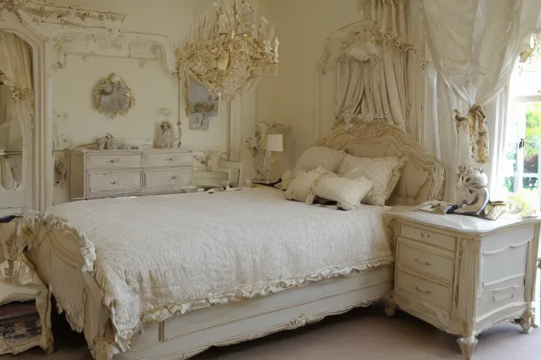 Image similar to A sunny bedroom, exquisite decoration, all restoration furniture