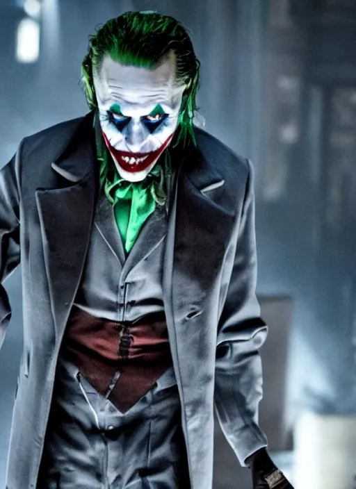 Image similar to film still of Jared Leto as The Joker in The Dark Knight, 4k