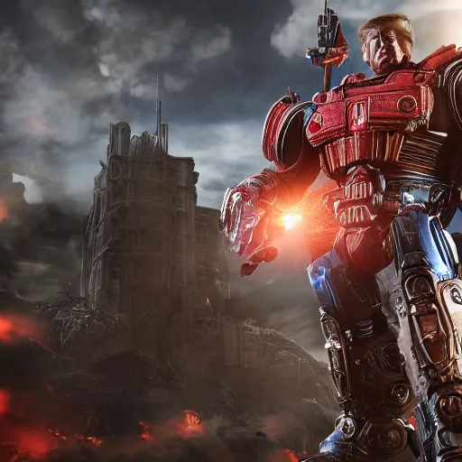 Image similar to donald trump! as optimus prime in ( gears of war ), splash art, maga, patriot, movie still, detailed face, photorealistic facial features, cinematic lighting, dramatic, octane render, long lens, shallow depth of field, bokeh, anamorphic lens flare, 8 k, hyper detailed, 3 5 mm film grain