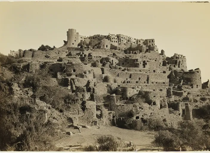 Image similar to Photograph of sprawling cliffside pueblo ruins, showing terraced gardens and narrow stairs in lush desert vegetation in the foreground, albumen silver print, Smithsonian American Art Museum