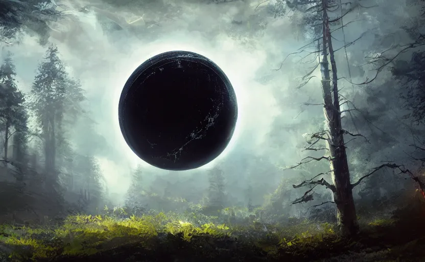 Image similar to digital sci-fi painting of a gigantic black sphere floating over the forest, concept art, beautiful lighting, blue sky with clouds, 4k trending on artstation