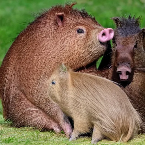 Prompt: two long haired capybara cuddle a pig