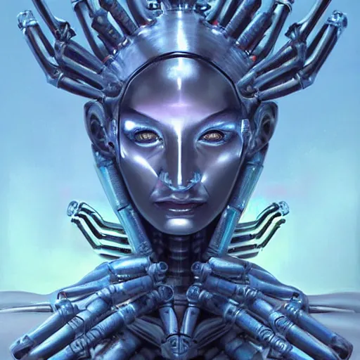 Prompt: hyper realistic close up portrait of a six - armed robot goddess holding geometric shapes, monochromatic body against a blue background. painting by greg rutkowski, scott m fischer, argerm, anne stokes, alexandros pyromallis