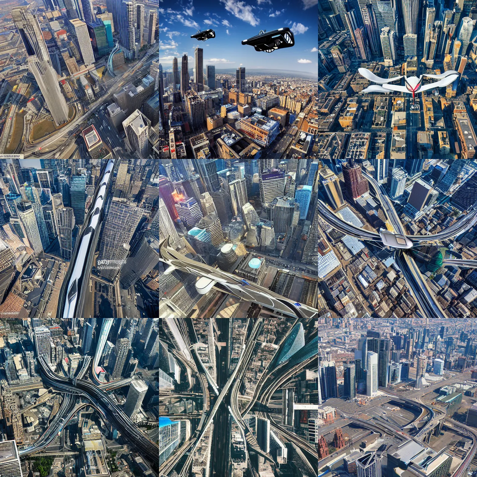 Prompt: flying cars in the city some stop at stations, elevation shot, futuristic