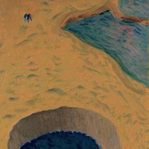 Prompt: a fauvist painting of an aerial view of a man at the bottom of a deep hole on the beach at night