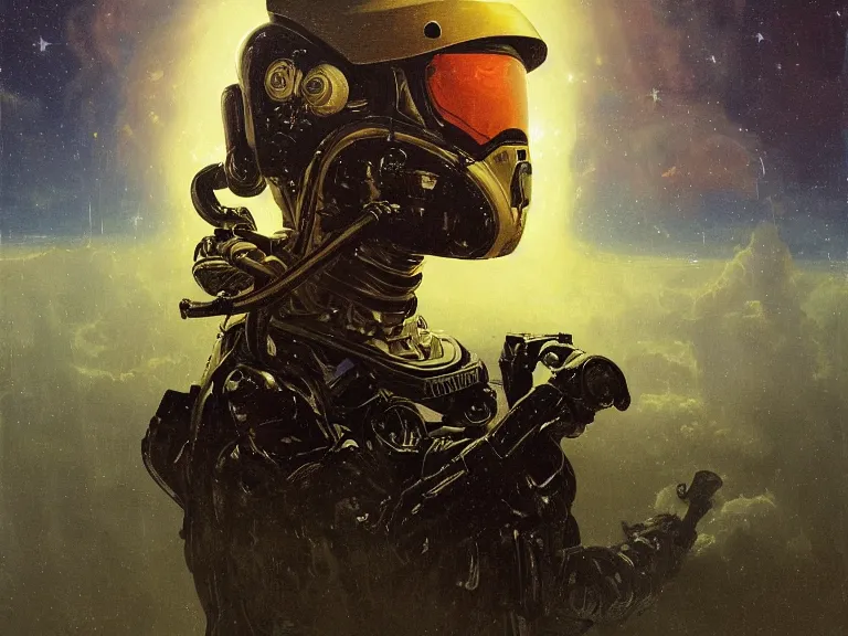 Image similar to a detailed profile oil painting of an advanced shock trooper in a spacesuit with reflective helmet, advanced technology flight suit, portrait symmetrical and science fiction theme with lightning, aurora lighting clouds and stars by beksinski carl spitzweg and tuomas korpi. baroque elements, full-length view. baroque element. intricate artwork by caravaggio. Trending on artstation. 8k