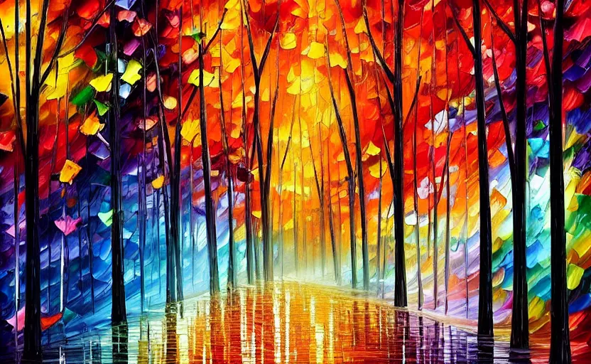 Image similar to psychedelic candy!!!!!!! forest in the rain by leoni afremov, oil painting!!!, intricate details!!!!, fine brush!!!!!!