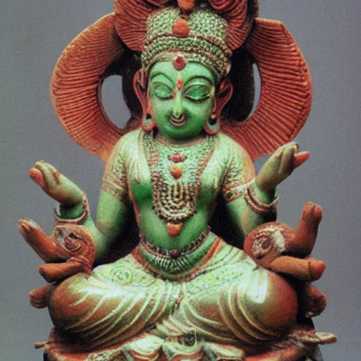 Image similar to hindu goddess in the form of an owl, painted figurine, museum catalog photograph