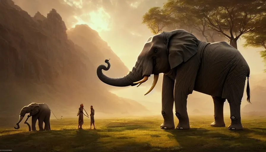 Image similar to a hybrid robot elephant designed by apple on socotra island, artgerm and greg rutkowski and alphonse mucha, an epic fantasy, volumetric light, detailed, trending on art station, octane render, midsommar