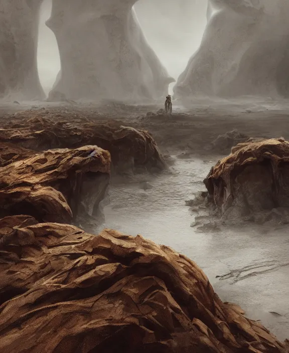 Image similar to surreal epic, masterpiece, romantic prometheus white exploration base, ancient ochre palette, impossible architecture by ruan jia, mecha floor, futuristic, blame, white architecture in the beach in iceland, foggy, highly detailed, digital painting, arstation, concept art, hyperealistic octane render, unreal engine