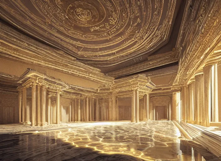 Prompt: “grand ancient heavenly palace, golden white material, insanely mystical, hyper realistic, extremely detailed, concept art, trending on artstatoon, atmospheric, 8k, octane render, unreal engine”
