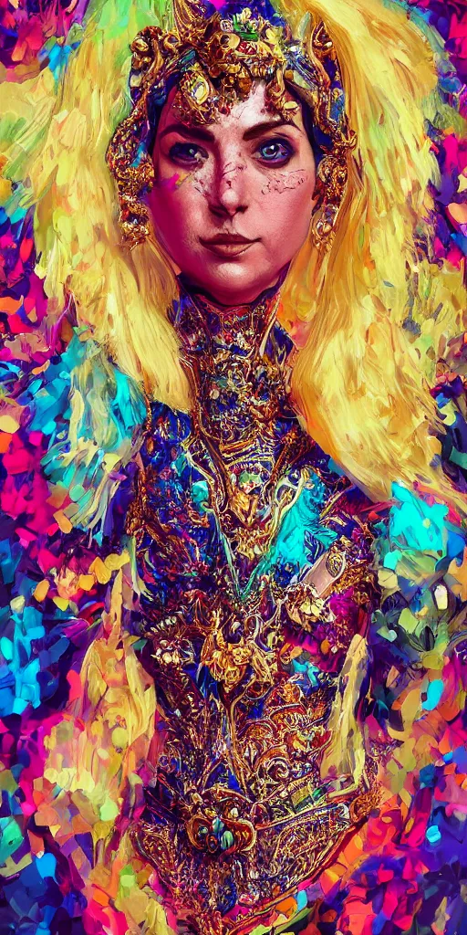 Image similar to portrait of karen 0, realistic, 4 k, fine details, wearing an ornate costume, concept art, high art, colorful