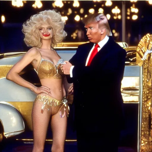 Image similar to donald trump and ted cruise in showgirls, film stills,