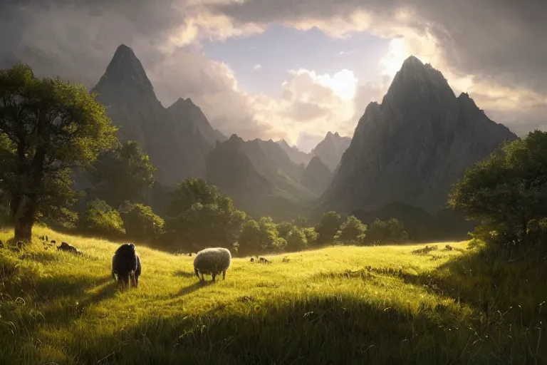 Prompt: beautiful render of a landscape, unreal engine, first light, majestic mountains, sheep pasture, lush grass, dramatic clouds, wandering pathway, soft light, by greg rutkowski, cgsociety