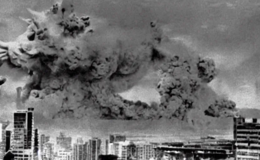 Prompt: a filmstill of Kim Jong-il and a Starro monster destroying Pyongyang, in Godzilla (1954) by Ishirō Honda, traditional Korean city, palace, epic ultrawide shot, cinémascope