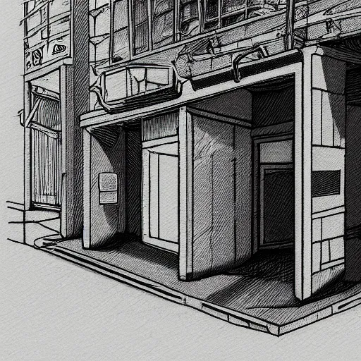Image similar to graphite illustration of non-euclidean geometry byzantine cyberpunk street corner, surreal grunge