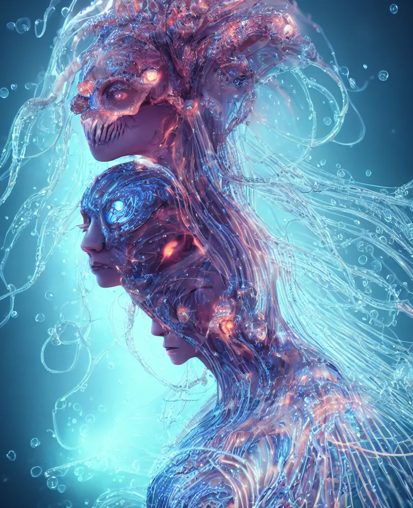 Image similar to close-up macro portrait of the face of a beautiful princess, epic angle and pose, symmetrical artwork, 3d with depth of field, blurred background, cybernetic jellyfish female face skull phoenix bird, translucent, nautilus, energy flows of water and fire. a highly detailed epic cinematic concept art CG render. made in Maya, Blender and Photoshop, octane render, excellent composition, cinematic dystopian brutalist atmosphere, dynamic dramatic cinematic lighting, aesthetic, very inspirational, arthouse. y Greg Rutkowski, Ilya Kuvshinov, WLOP, Stanley Artgerm Lau, Ruan Jia and Fenghua Zhong