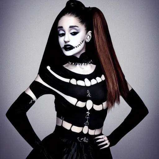 Image similar to ariana grande as a skeleton witch 8 k