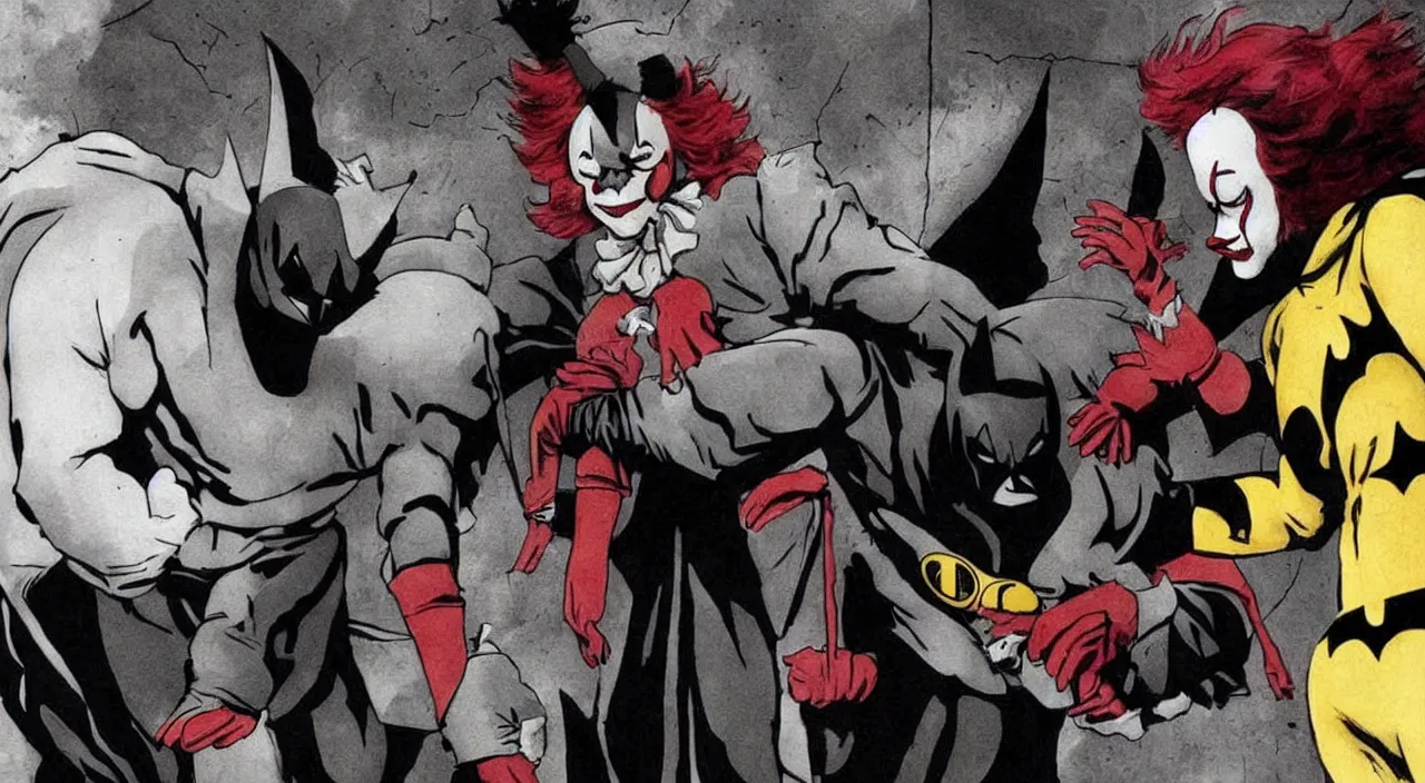 Prompt: pennywise giving batman a high five