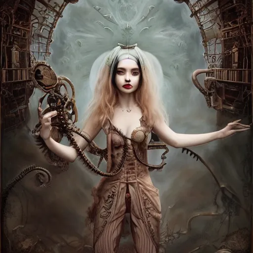 Image similar to tom bagshaw, grotesque and bizarre curiosities in steampunk lovecraftian world, beautiful asian mix of dove cameron madison beer bella poarch in a full dress, pure makeup, professionally retouched, focus eyes, ultra realistic soft painting, insanely detailed linework, symmetrical accurate intricate features, behance, 8 k