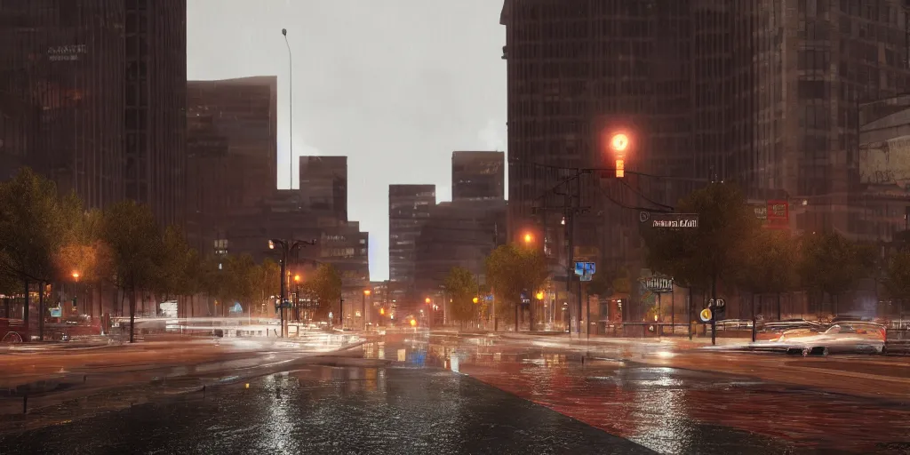 Prompt: goodnight, downtown denver with heavy rain, cinematic, ultra - realistic, ultra - detailed, octane render, unreal engine 5, depth of field