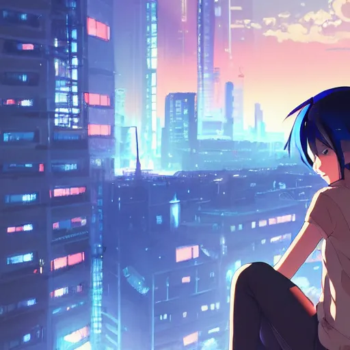 Image similar to beautiful anime painting of a woman with dark - blue hair sitting on a rooftop in a cyberpunk city, nighttime, by makoto shinkai, kimi no na wa, artstation, atmospheric, high detail