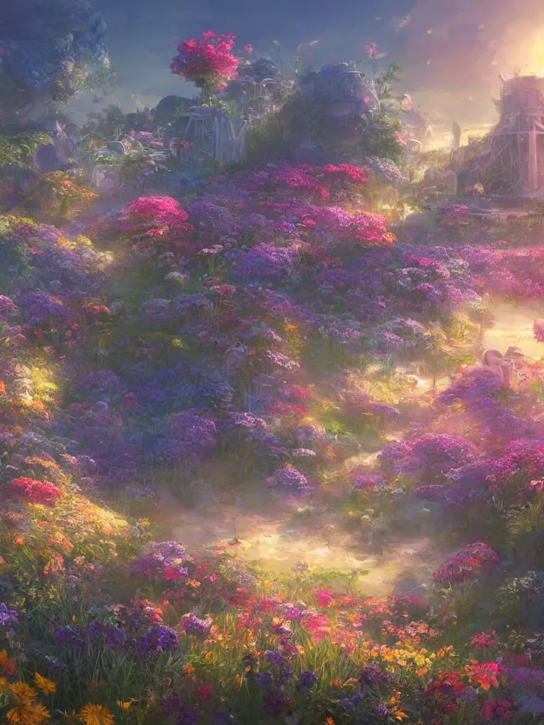 Image similar to a dream flower garden near a seaside spaceport environment where one draws mystical energy into their lives, background art, pristine concept art, small, medium and large design elements, golden hour, in the style of WLOP and Ross Tran