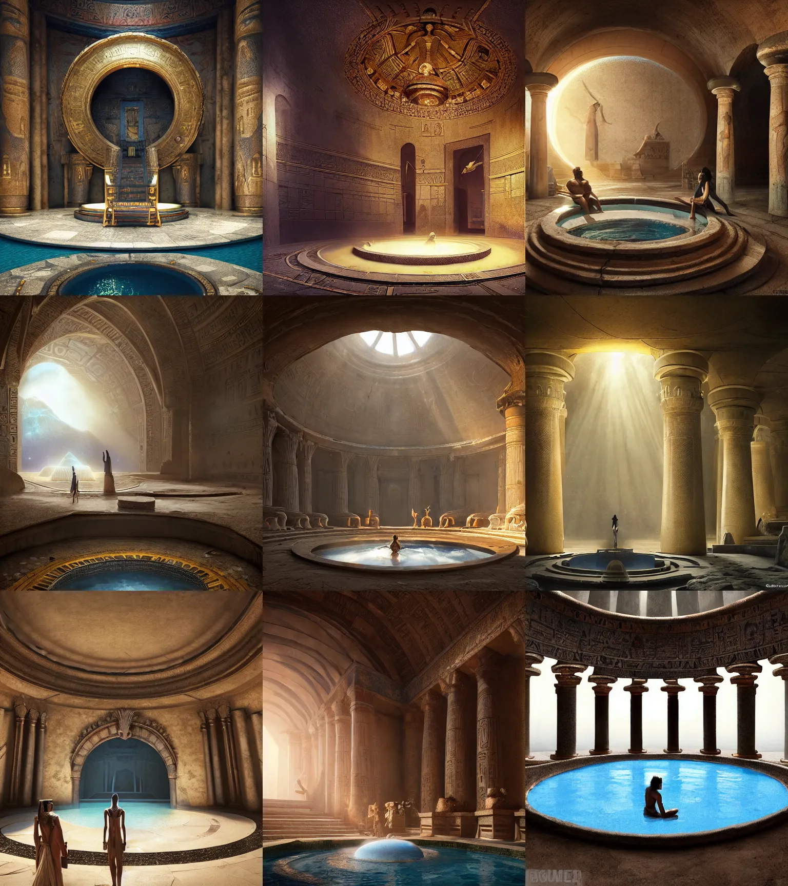 Prompt: fantasy movie scene greg rutkowski digital painting of an ornate and royal egyptian antechamber tomb, a circular pool with a galaxy inside, unreal engine, hyper realism, realistic shading, cinematic composition, blender render, octane render, hdr, detailed textures, photorealistic, ultrawide shot, 3 5 mm film