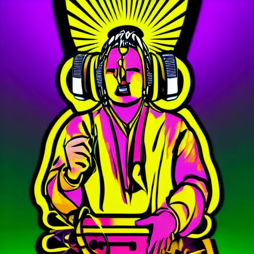 Image similar to svg vector sticker of absolutely divine-deity-angel, rocking out, wearing headphones, huge speakers, dancing, rave, DJ, spinning records, digital art, amazing composition, rule-of-thirds, award-winning, trending on artstation, featured on deviantart