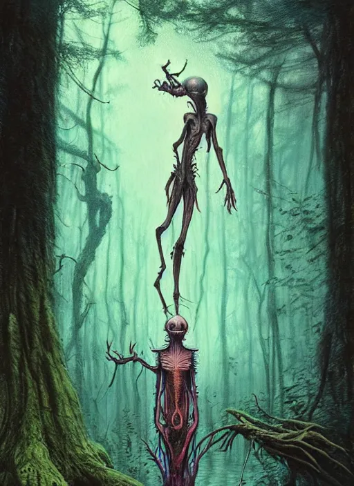 Image similar to hyper realistic magic alien in the woods in a river gorgeous lighting, lush forest foliage blue sky a hyper realistic ink drawing by chiara bautista and beksinski and norman rockwell and greg rutkowski, tom bagshaw weta studio, and lucasfilm