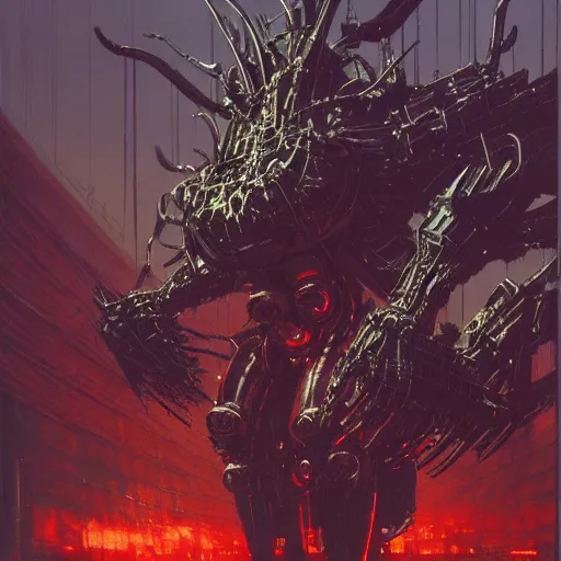 Prompt: a epic boss made by metal, cyberpunk style, super complex and instruct, epic stunning atmosphere, hi - tech synthetic rna bioweapon nanotech demonic monster horror by syd mead, michael whelan, jean leon gerome, junji ito