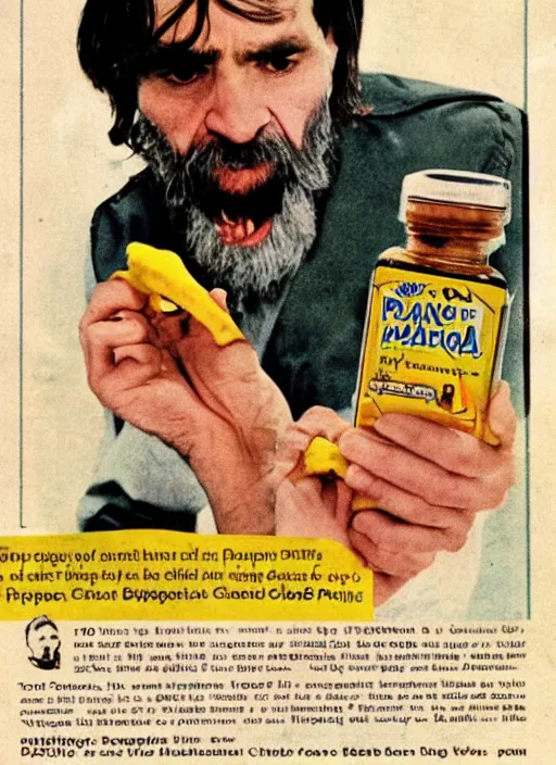 Prompt: vintage pharamaceutical magazine advertisement depicting charles manson slipping on a banana peel