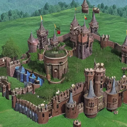 Prompt: a medievil castle set in the hills with a market below in the fields, realistic, hyperdetail,