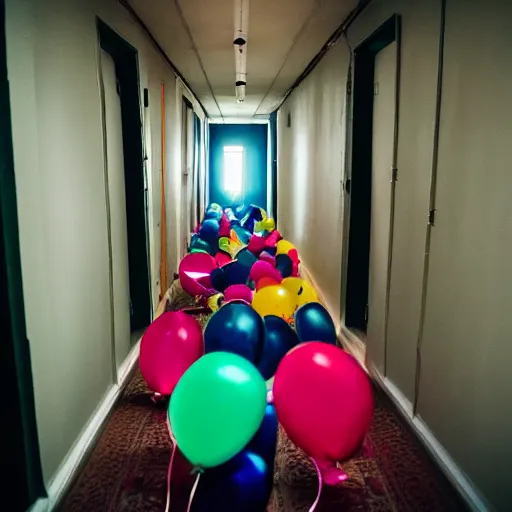 Prompt: flash photograph of a creepy narrow long hallway with several primary colored balloons floating, dark lighting, liminal space, horror scene